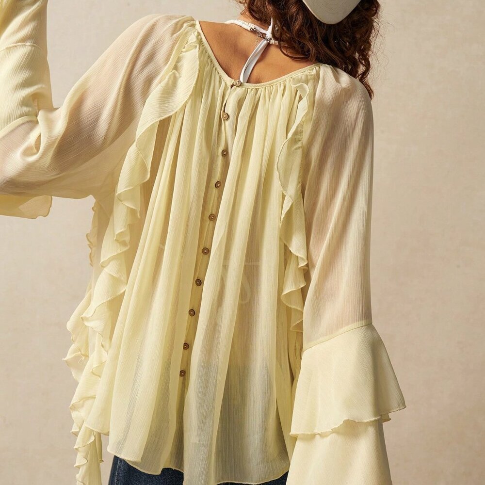 Yellow Casual Women's Loose Fit Long Sleeve Ruffled Hem Shirt - Picture 3 of 7